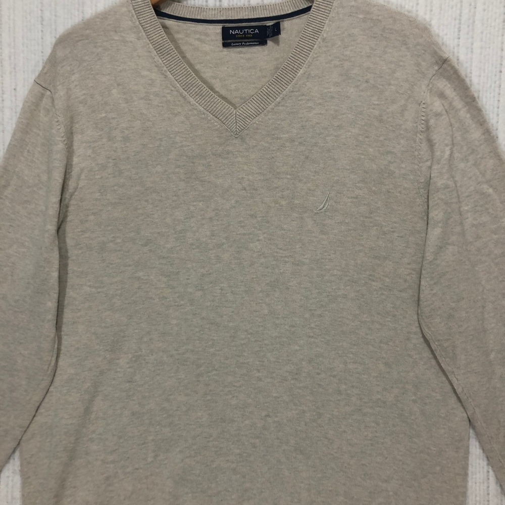 Nautica V Neck‎ Long Sleeve Sweater Mens Large Beige Luxury Performance